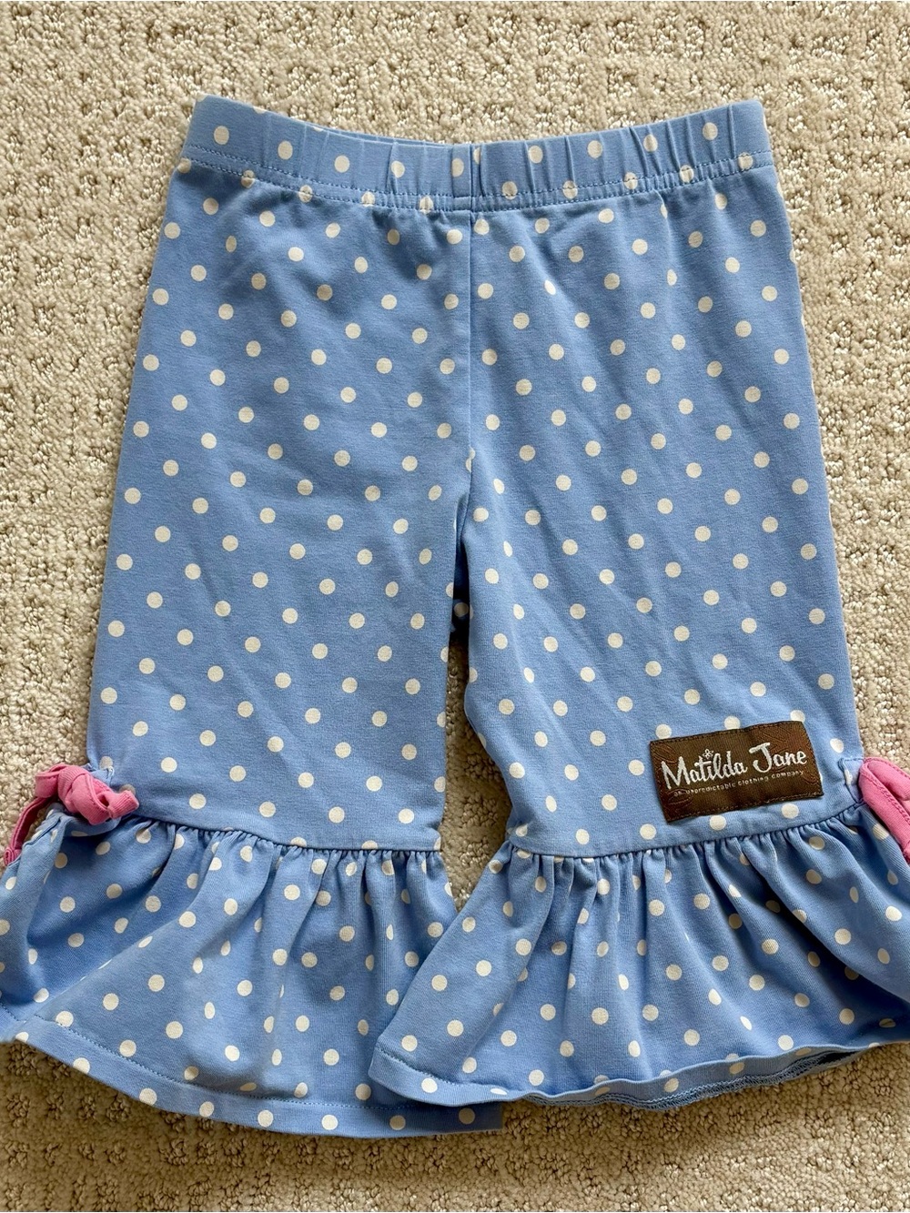 Matilda Jane Light Blue Polka Dot Ruffle Leggings with Pink Bows